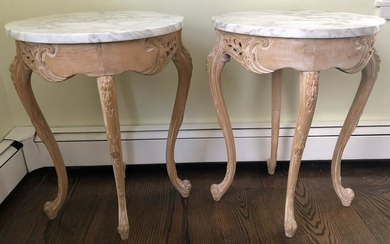 French Country Carved Pickled Pine & Marble Tables