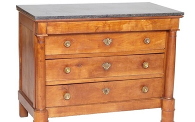 French Empire Carved Walnut Marble Top Commode, mid 19th c., H.- 36 in., W.- 44 3/4 in., D.- 23 in.