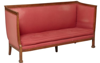 French Empire Walnut Box Sofa, mid 19th c., the scrolled surround with a shaped seat rail, on square