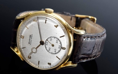 YG 750 "Glycine" men's wristwatch, manual winding, silver dial, Arabic numerals, small seconds at six, minute indices, brown Wempe crocodile strap with gold-plated pin buckle, circa 1950, pressure case back, no. 34930, Bienne-Geneve, circa 1950, Ø...