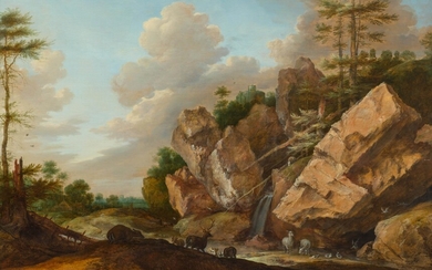 GILLIS CLAESZ. DE HONDECOETER(Anvers vers 1575-1638 Amsterdam)Paysage forestier rocheux avec des animaux à un abreuvoir....