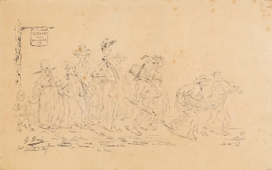 GUSTAVE DORÉ (Strasbourg, 1832-Paris,1883). "La foule près d'une boulangerie française". 1849. Encre sur papier. Signé,...
