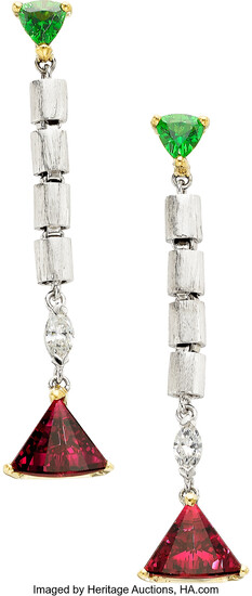 Garnet, Diamond, Tourmaline, Gold Earrings Stones: Triangular-shaped rhodolite garnets...