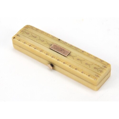 Georgian ivory and gold pique work toothpick case with velve...