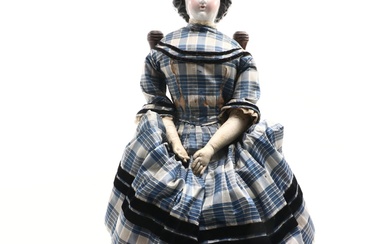 German China Head Doll with Leather Arms and Cloth Body, Mid-19th Century