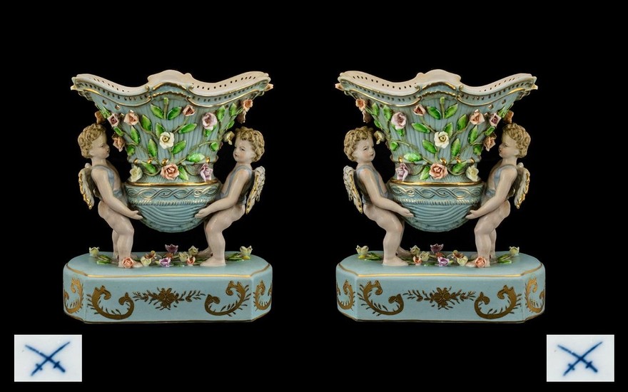 German - Late 19th Century Pair of Hand Painted Porcelain Fi...
