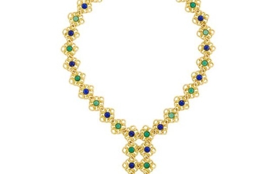 Gold, Lapis and Green Onyx Fringe Necklace, France