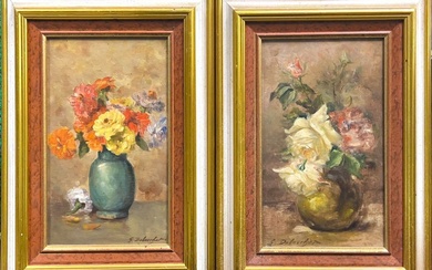 Gustave DUBOUCHET (1867 - 1940) Vase de fleurs Paire d'huiles sur panneaux signées en bas...