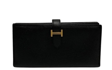 HERMES Bearn Souffle Vaux Epson Leather Genuine Bifold Long Wallet Black