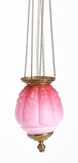 Hanging Hall Lamp, Pink Satin Melon Ribbed