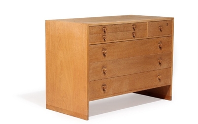 Hans J. Wegner: “RY 16”. An oak chest of drawers, front with six drawers and leaf-shaped handles. Manufactured by Ry Møbler. H. 71.5. W. 100. D. 49 cm.