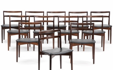 Harry Østergaard A set of 12 Brazilian rosewood dining chairs. Upholstered with...