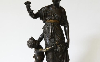 STATEMENT AMENDMENT // Henri-Etienne DUMAIGE (1830-1888). Woman and love. Bronze subject with a medal patina, signed on the base. It rests on a red marble and brass column clock. Height subject : 55 cm Total height: 90 cm (Patina wears. Lack of...
