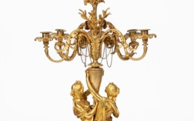 Henri PICARD (actif entre 1831 et 1864). Important candélabre en bronze doré et marbre blanc...