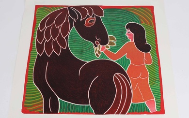 Henry Heerup (b. Copenhagen 1907, d. 1993) : 'The horse girl.' Lithography in colors..