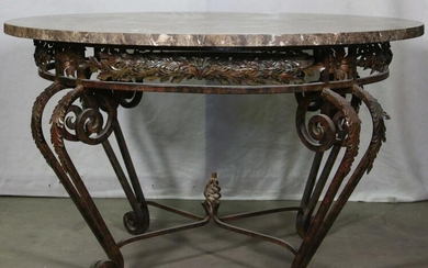 IRON BASE MARBLE TOP CENTER TABLE.