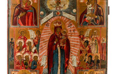 Icoon. Rusland. Ca. 1800. Voorstelling van de Madonna in stralenkrans omgeven door zes kleinere panelen. Tempera op