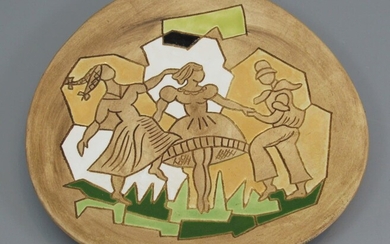 Impressive Ceramic Plate Made by Keramos Decorated with a Scene of Three Dancing Pioneers