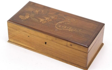 Italian inlaid olive wood cigar box, 9cm H x 29cm W x