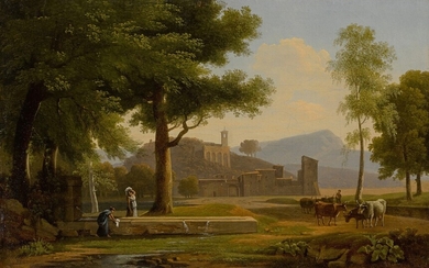 Italian landscape with cows and figures at a well in the foreground, a church tower on a hill beyond, Jean-Victor Bertin and Studio