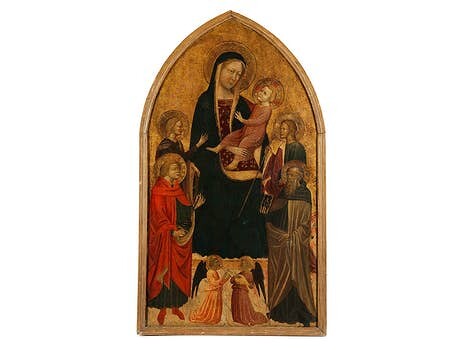 Italienischer Meister des ausgehenden 14. Jahrhunderts, Francesco d‘Antonio (um 1393 Florenz – nach 1433), zug., MADONNA MIT DEM KIND, VIER HEILIGEN UND ZWEI MUSIZIERENDEN ENGELN