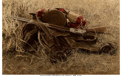 James Elliott Bama (b. 1926), 1880's Still Life of Saddle and Rifle, Old Trail Town, Cody, Wyoming (1971)
