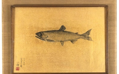 Japanese fish print on golden paper, framed