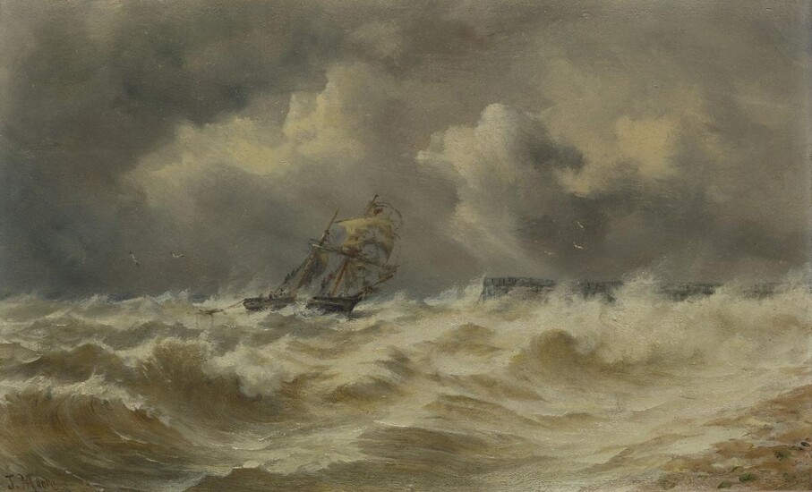 John Moore of Ipswich, British 1821-1902- A Ship in stormy seas; oil on panel, signed 'J. Moore' (lower left), 25.3 x 41.2 cm. Provenance: Private Collection, UK.