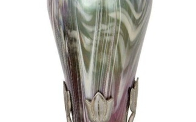 Josef Rindskopf Sohne (attributed) and Van Houten, Art Nouveau vase in mount, circa 1900, Iridescent and feathered glass, pewter, Glass unsigned, mount stamped with makers marks and '1461', 24cm high