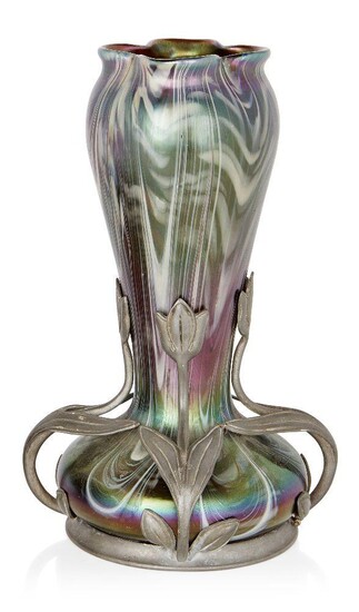 Josef Rindskopf Sohne (attributed) and Van Houten, Art Nouveau vase in mount, circa 1900, Iridescent and feathered glass, pewter, Glass unsigned, mount stamped with makers marks and '1461', 24cm high