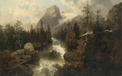 Josef Thoma Jnr. (Austrian, 1828-1899) River rushing through an alpine landscape