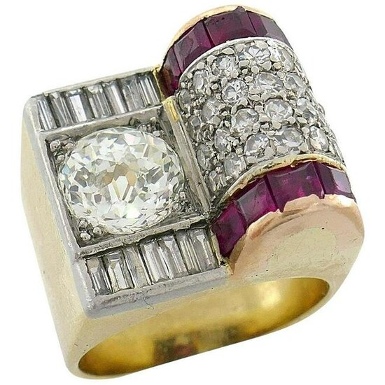 Jubilee Cut Diamond Ruby Gold Retro Ring