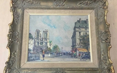 Julien Brosius (1917-2004) - oil on canvas in gilt frame - Notre Dame, Paris. Image size 18cm x 23.5cm, overall size including frame 33cm x 37cm