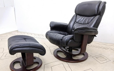 LANE Black Leather Lounge Chair and Ottoman. Revolving