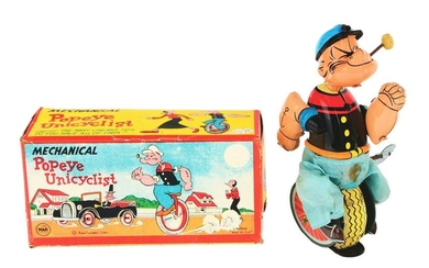 LINEMAR TIN-LITHO WIND-UP POPEYE UNICYCLIST TOY IN BOX.