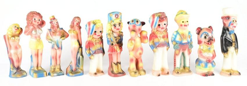 LOT OF 11: VARIOUS CHALK CARNIVAL FIGURES.