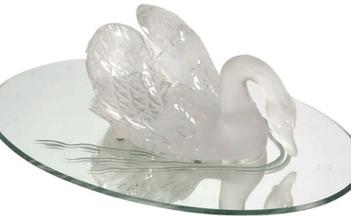 Lalique Crystal Frosted Cygnes Swan Glass Sculpture w/ Mirror Mirrored Plateau
