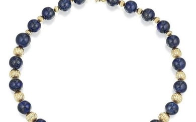 Lapis Lazuli and Fluted Gold Bead Necklace