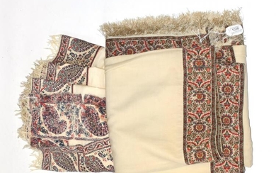 Large 19th century cream wool shawl with woven paisley trim,...