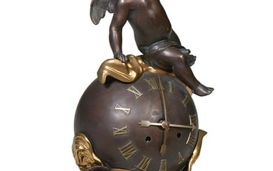 Large Gilt and Patinated Bronze German Figural Mantel Clock, 20th c., H.- 29 in., W.- 14 in., D.- 10