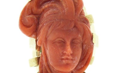 Large Vintage 14k Gold GIA No Dye Coral Carved Ladys Face Cameo Statement Ring