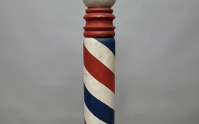 Late 19th-early 20th century wood Barber Pole with Cannonball finial. Bold turnings and old