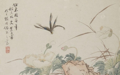 Li Lan (Chinese, 19th century), ink and colour on paper, dragonfly above floral sprays, inscribed and with red seal mark to upper left, 20 x 29cm, mounted in glazed frame Provenance: Hanart Gallery, Hong Kong, with label verso 十九世紀 中國畫派 仿東園客筆...