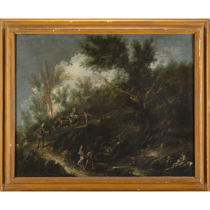 Lombard follower of Alessandro Magnasco, 18th century Landscape with travellers near a stream Oil on canvas, 93.5x117.5 cm. Framed...