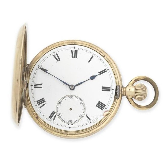 Longines. A 9K gold keyless wind full hunter pocket watch imported by Baume Circa 1913