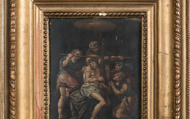 Lot 36 ECOLE FLAMANDE du XVIIème siècle. "Le Christ aux outrages". Huile sur cuivre. 16 x 13 cm. Petits accidents. RM