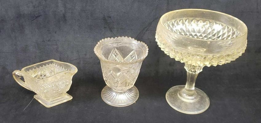 Lot of 3 Pressed Glass Items with Diamond Accents