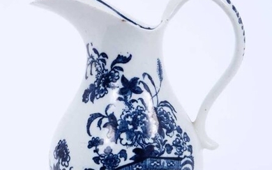 Lowestoft ewer, of pear shape with a high scrolled handle, printed in blue with the Fence pattern, crescent mark, 14cm high