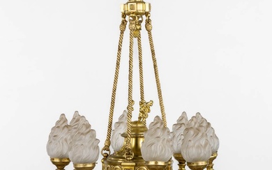 Lustre en bronze de style Louis XVI. Bronze doré. État de conservation : - Un...