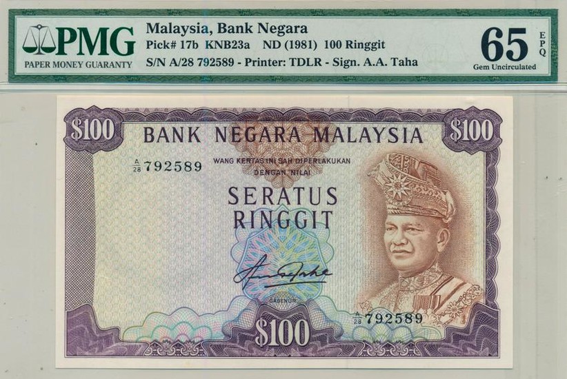 MALAYSIA 4th Series RM100 1981 A/28 792589 PMG 65 EPQ